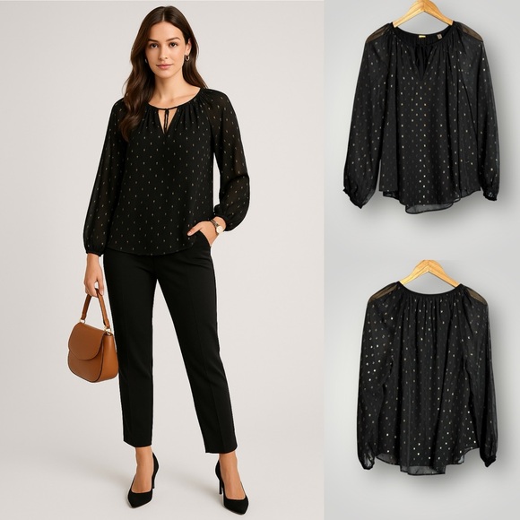 Tahari | Gold Shimmer Neck Tie Blouse Size Large Lined Sheer Sleeves Black - Picture 1 of 8